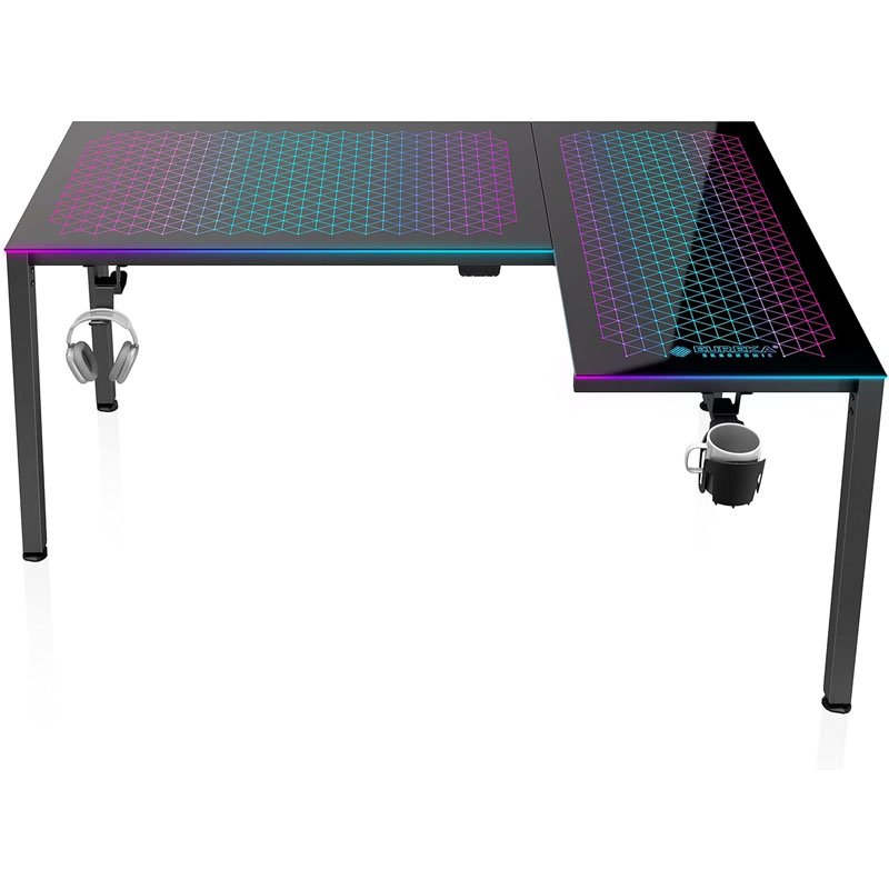 EUREKA ERGONOMIC RGB LED Lights 60 Inch L Shaped Reversible Black Glass Gaming Desk 